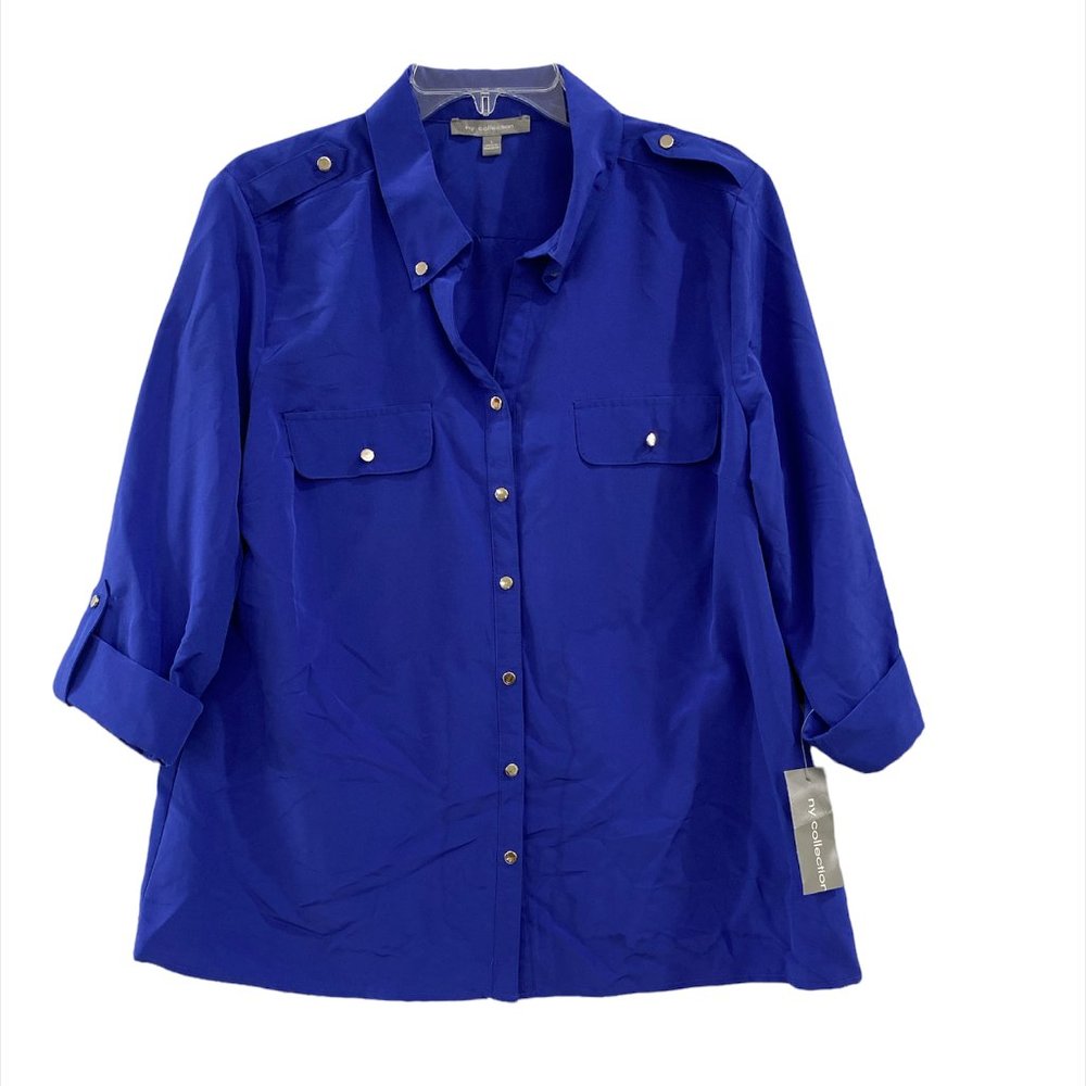 Button Front Blouse Royal Blue My Collection Woman's Large Long Rolled Sleeve